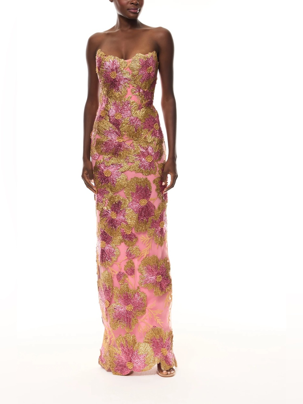 Monique Lhuillier Plumeria Metallic Raffia Gown Dress Multicolor Floral Size 4